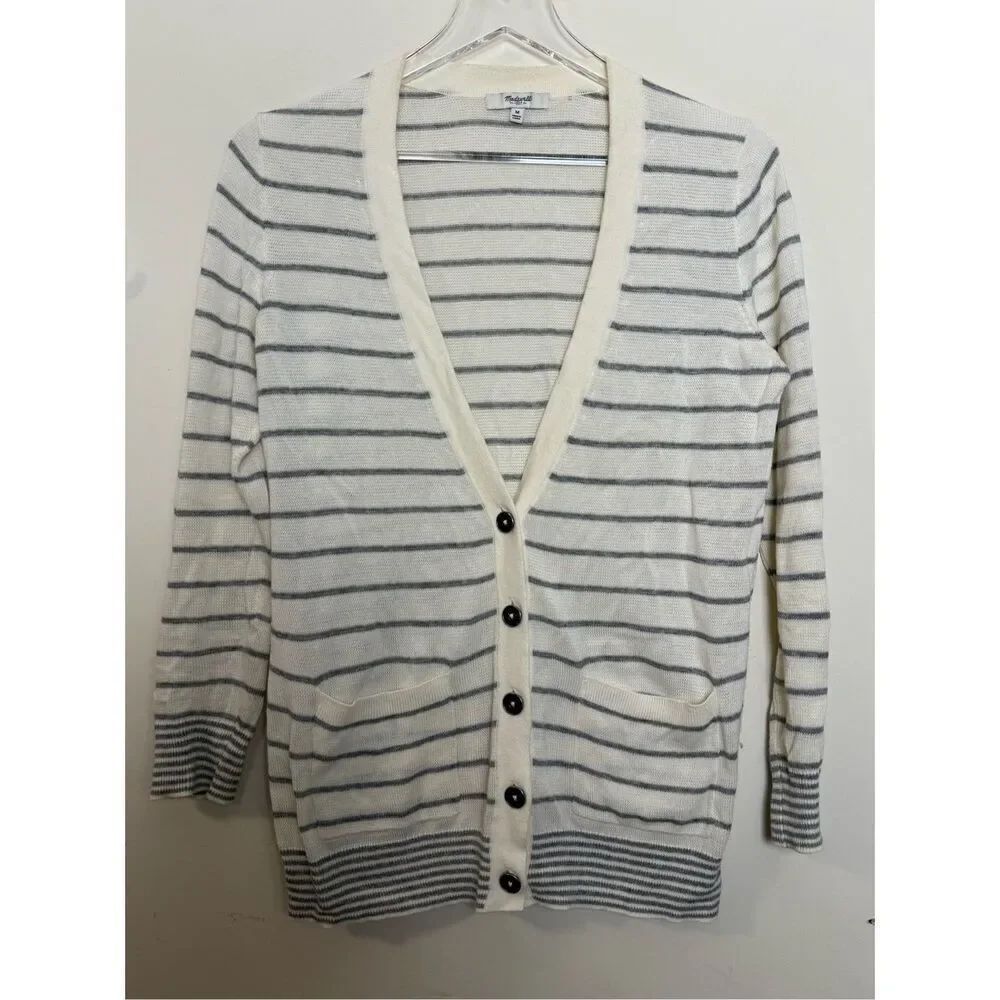 Madewell The Pocket Knit Cream/Gray Cardigan In Stripe Medium Y2K Academia Light